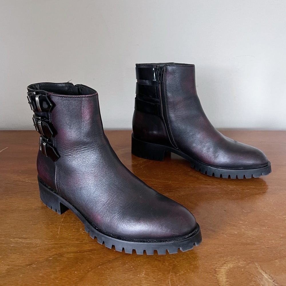 Napoleoni • buckled ankle boots combat moto platform black purple leather patent